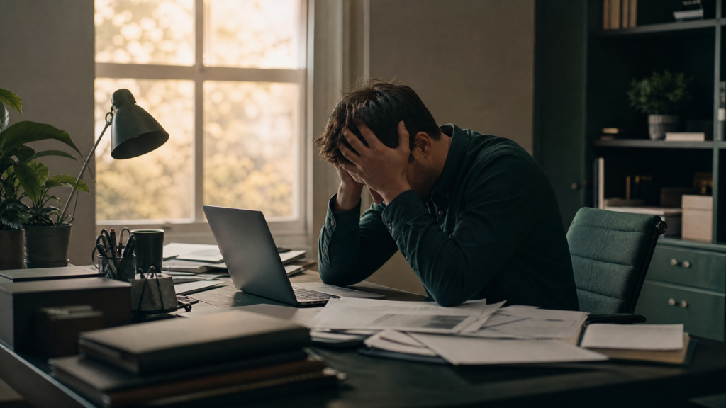 Homme épuisé à son bureau, tête dans les mains, illustrant les signes du burn-out professionnel