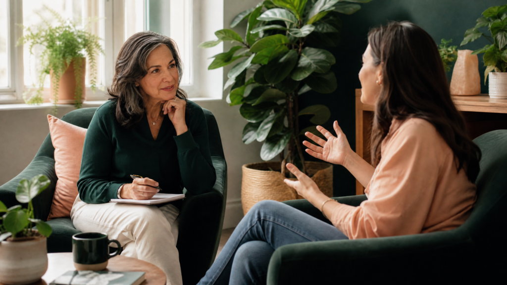 Séance de coaching de vie entre une coach et sa cliente dans un cadre chaleureux