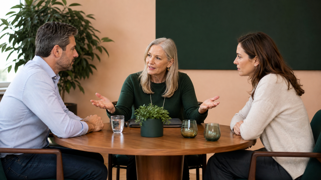 Séance de médiation familiale avec une médiatrice professionnelle et un couple en discussion