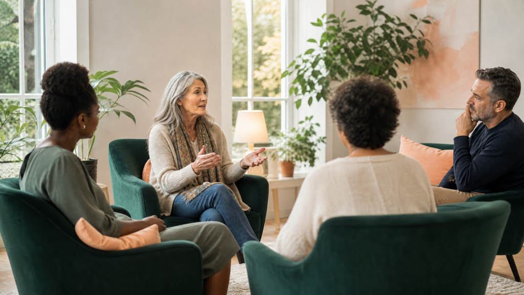 Séance de groupe de psychoéducation avec une facilitatrice et des participants attentifs