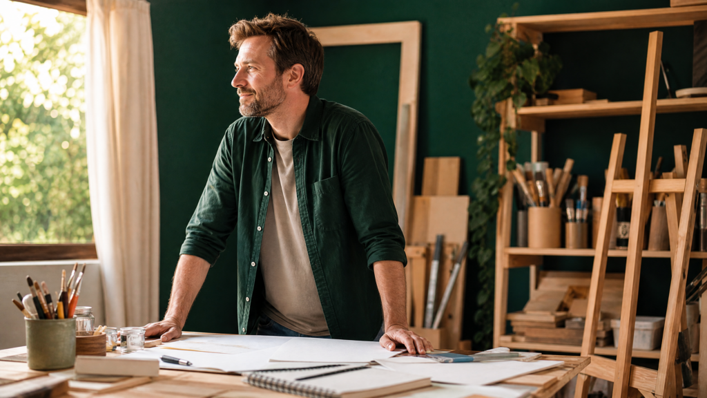 Homme dans la quarantaine dans un atelier créatif, symbolisant une reconversion professionnelle réussie