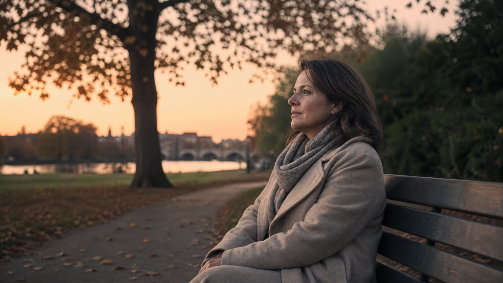 Femme assise sur un banc dans un parc en automne, moment de réflexion et de reconstruction après une séparation