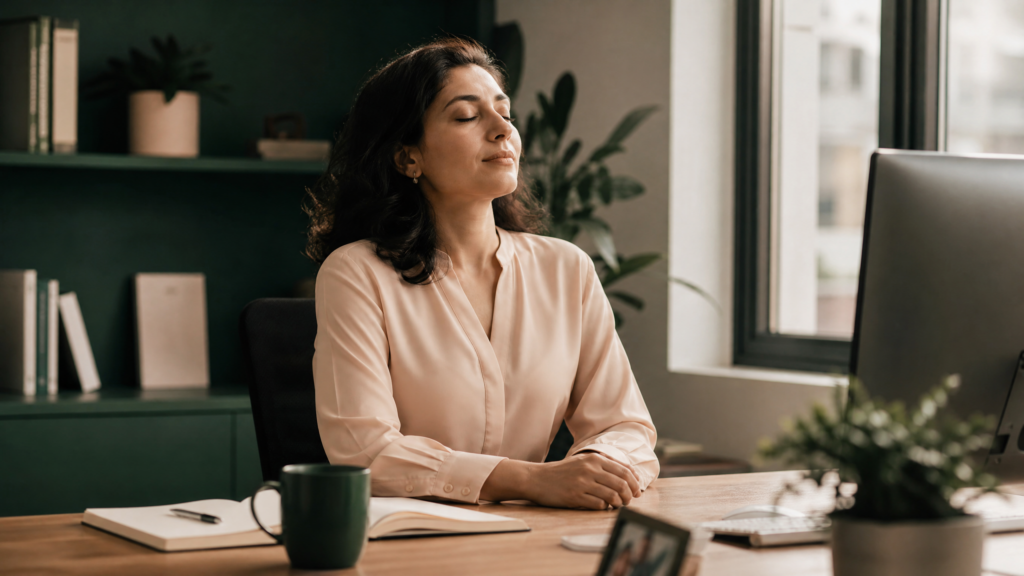 Femme professionnelle prenant une pause respiratoire à son bureau pour gérer le stress au travail