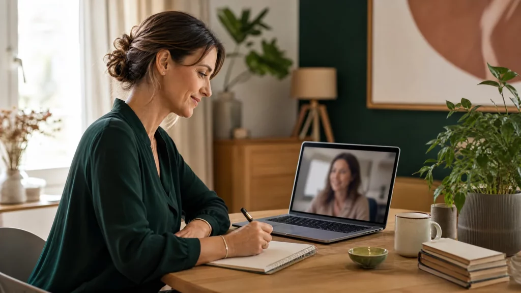 Professionnelle réalisant un bilan de compétences à distance en visioconférence avec une coach