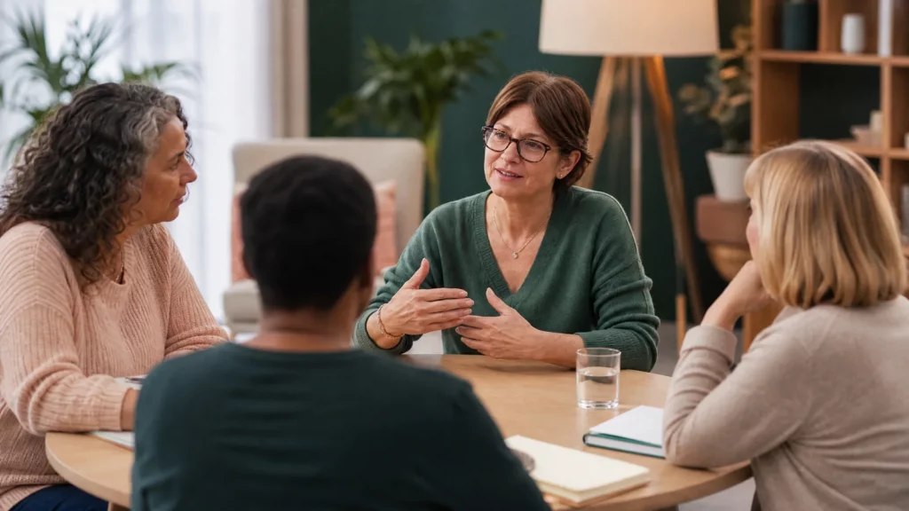Patiente experte participant à un atelier d’éducation thérapeutique avec des professionnels et des patients