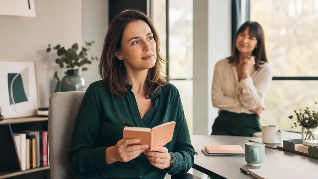 Professionnelle réfléchissant à sa légitimité face au syndrome de l’imposteur au travail